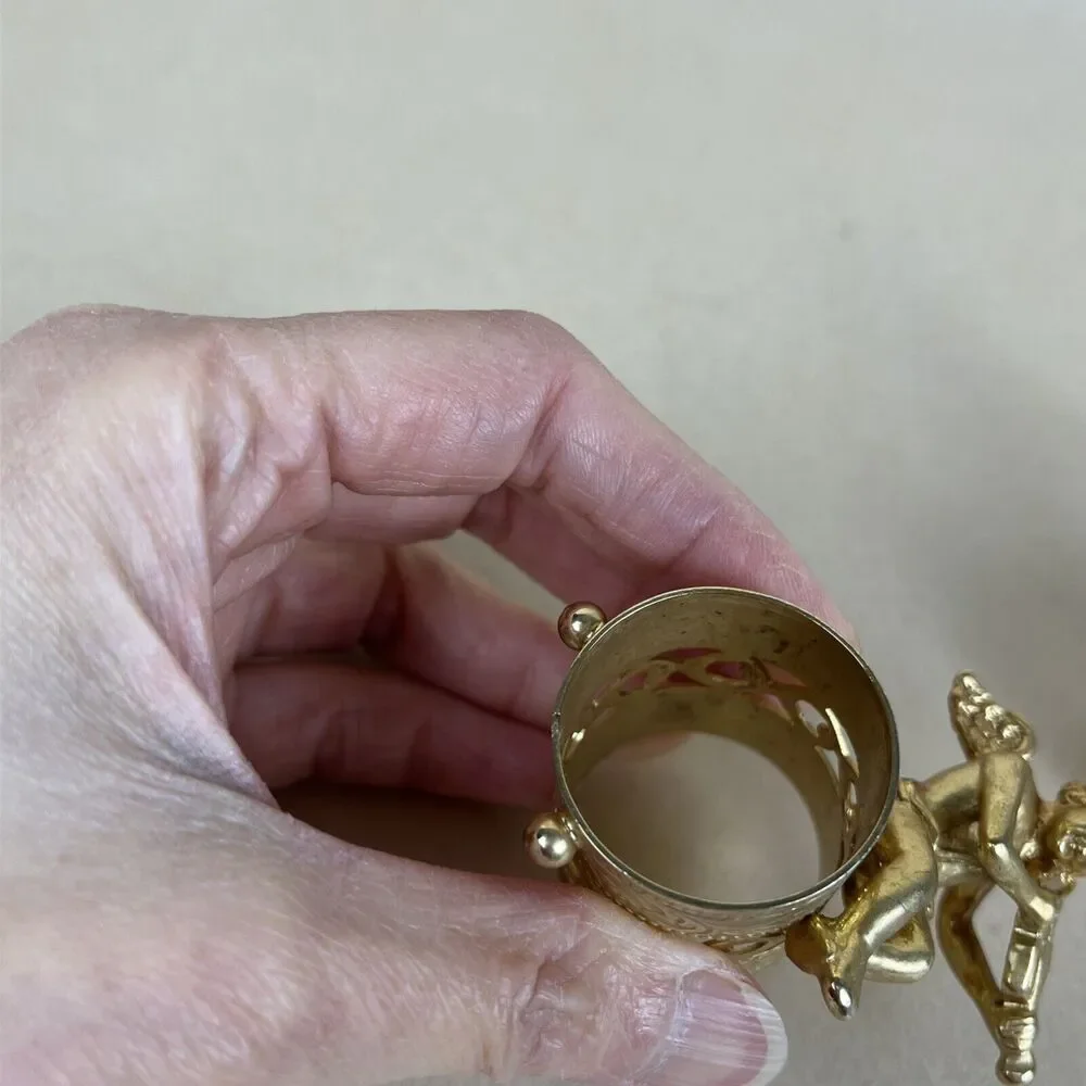 VTG 8pc Gold Tone Metal Angel Playing Violin Filigree Napkin‎ Ring Holder Signed